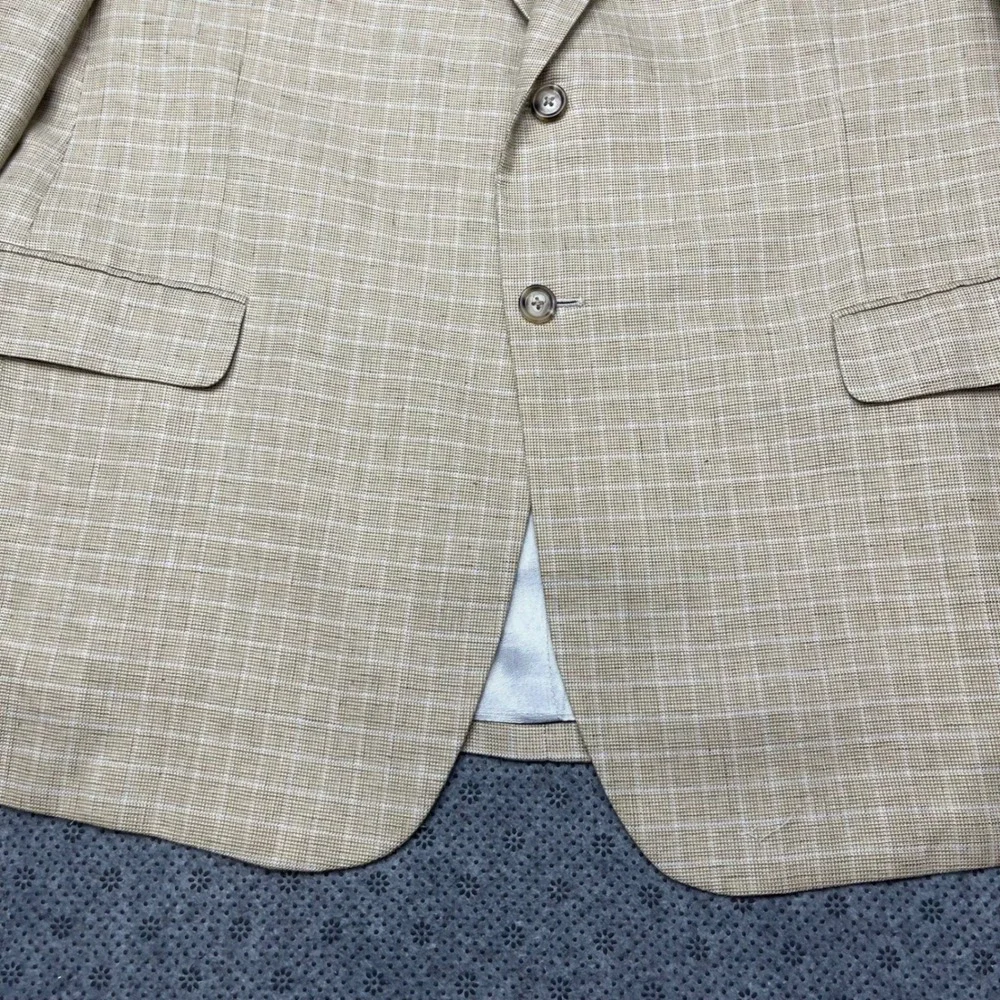 Jos A Bank Tan Windowpane Linen Cotton Blazer Sport Coat Mens 48R 2 Button Tan
